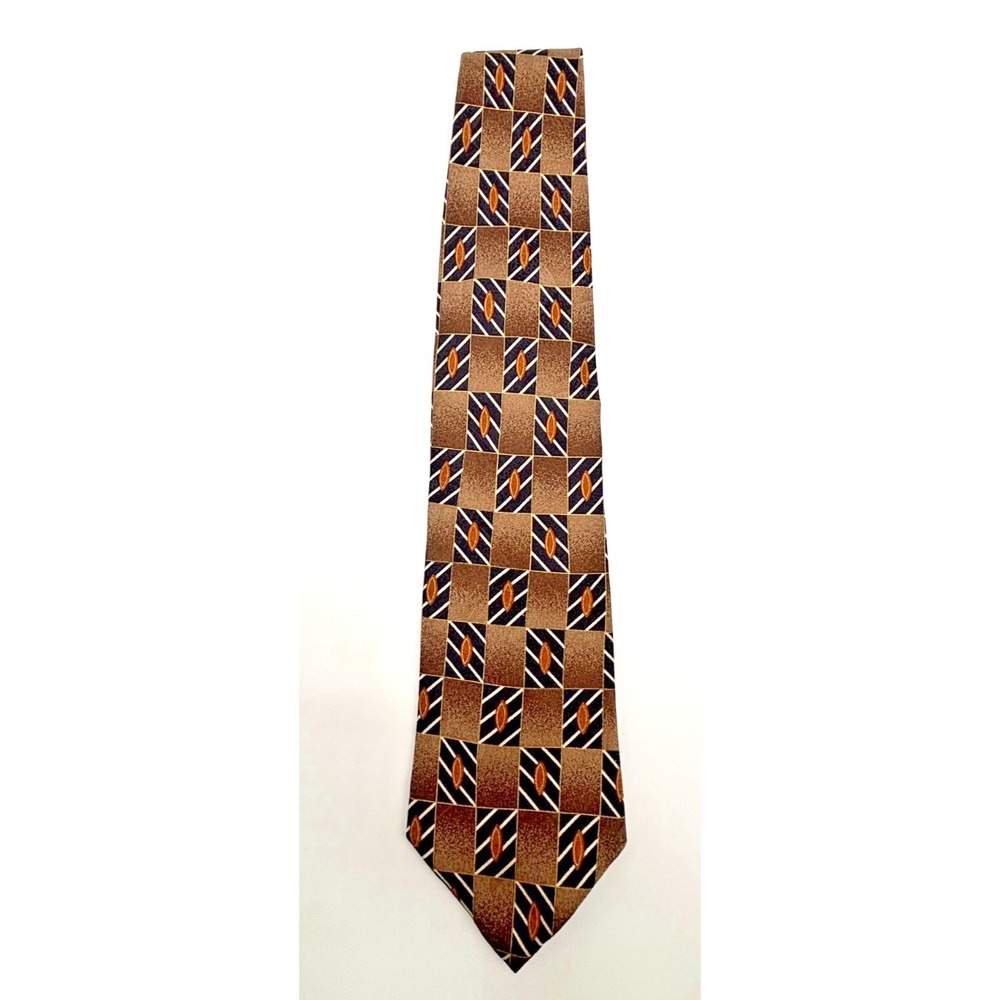 Trissardi Men's 100% Silk Necktie Brown Navy Gold Geometric Vintage Wide Tie